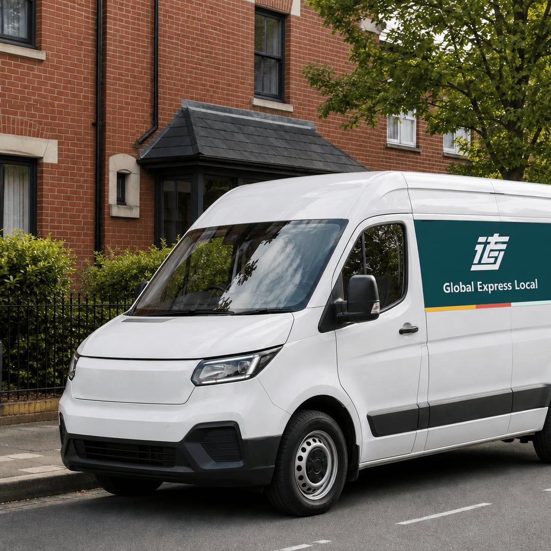 White Global Express Local last-mile delivery van with deep teal branded side panel